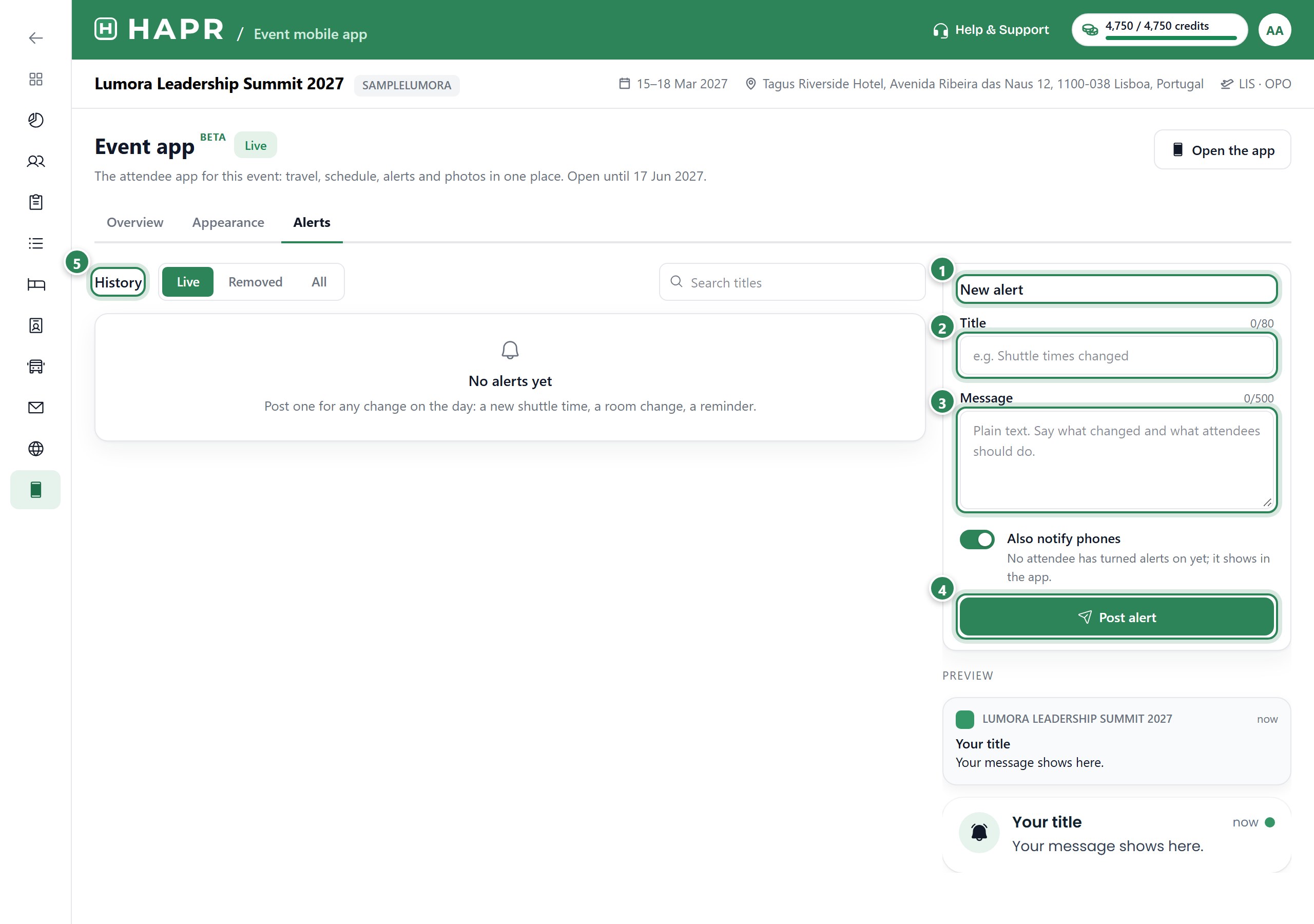 The Alerts tab with the form for a new alert and the history list.