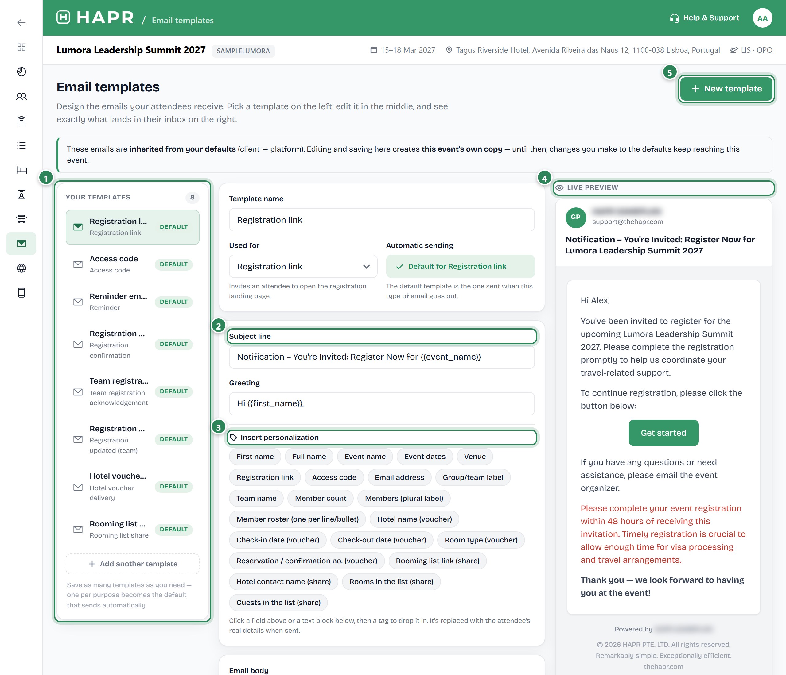 The email templates of an event.