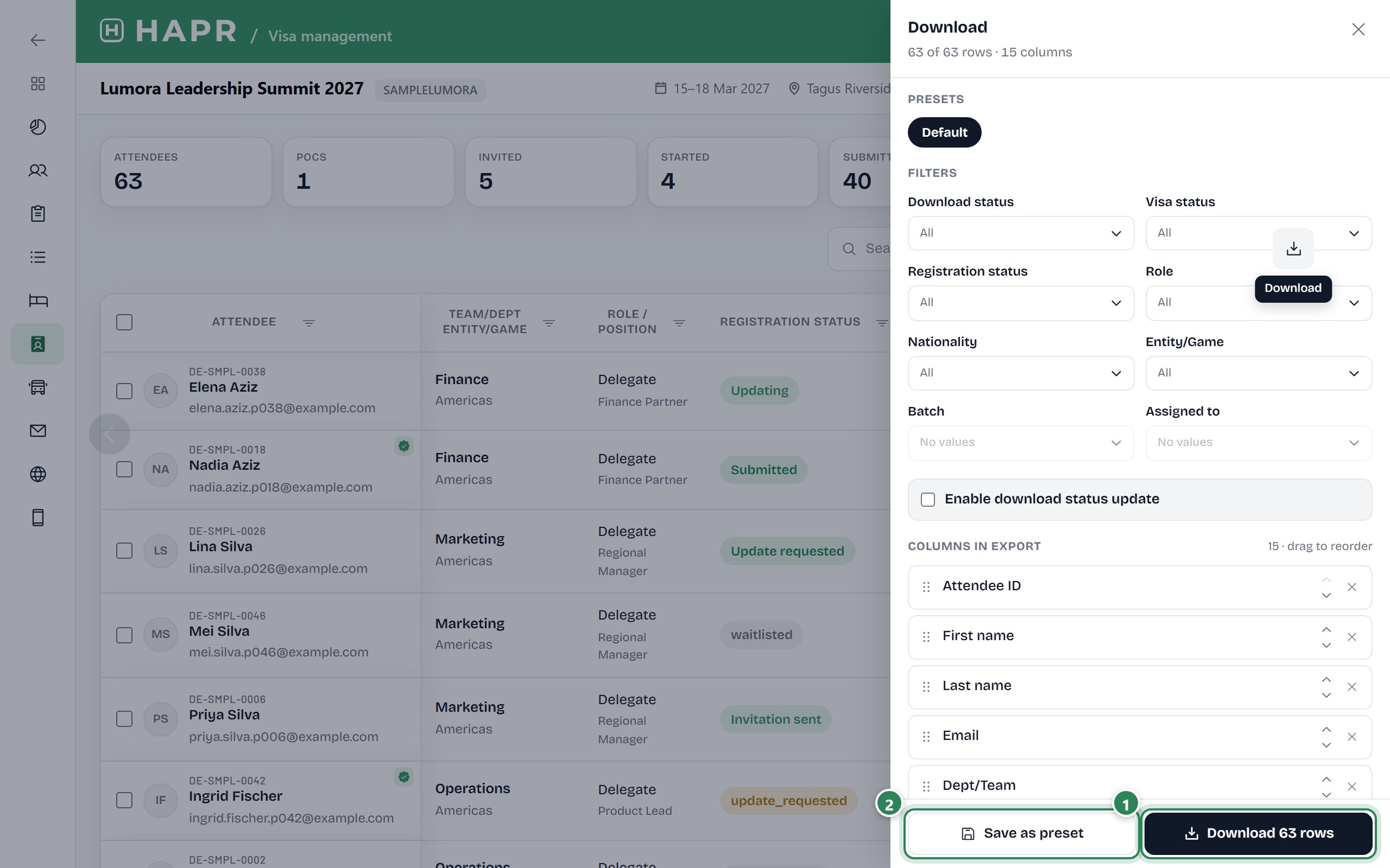 The download panel with its presets, filters and columns.